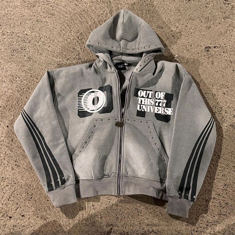 Custom Screen Print Rhinestone Tracksuits Zipper Acid Wash Sweatsuit Vintage Track Sweatpant And Hoodie