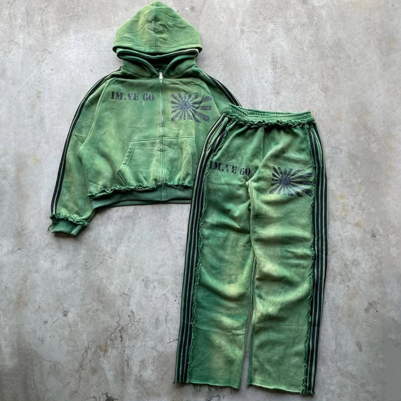 Custom Vintage Acid Wash Reverse Stitch Double Hood Hoodie And Sweatpant