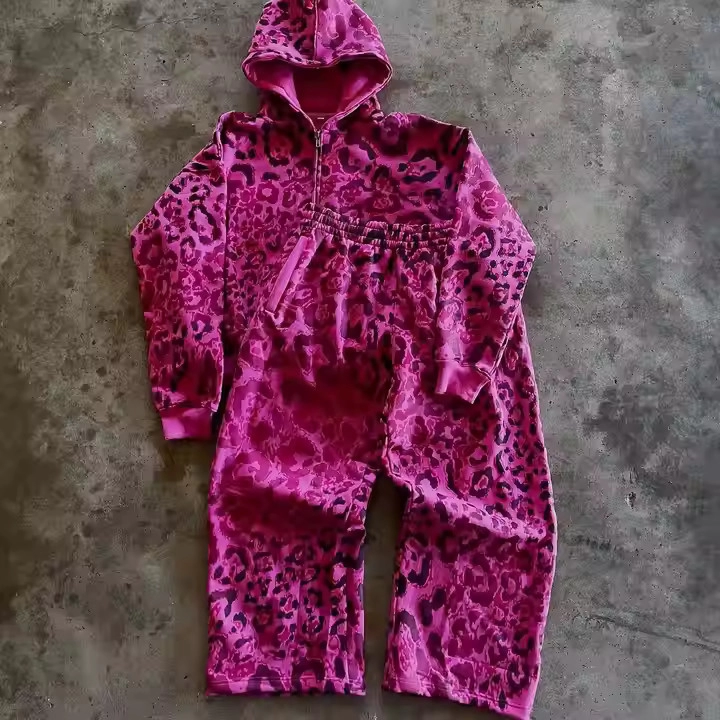 Custom French Terry Tracksuits Leopard Print Zipper Baggy 2-Piece Set