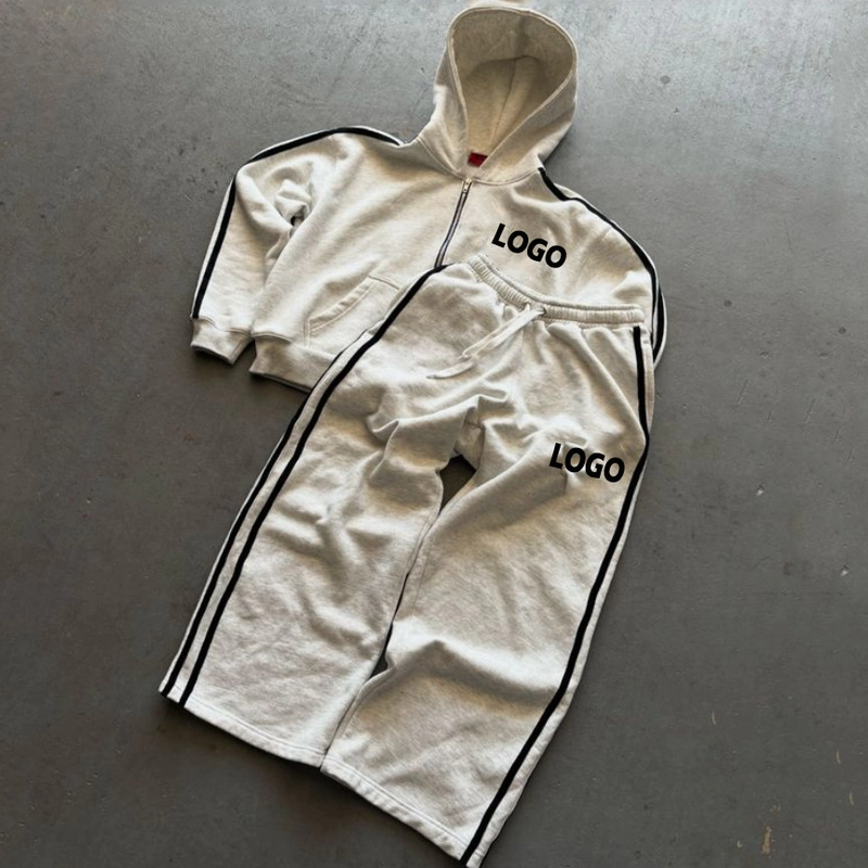 Custom Heavy Cotton Side-Stripe Cropped Boxy Zip-Up Sweat Suit