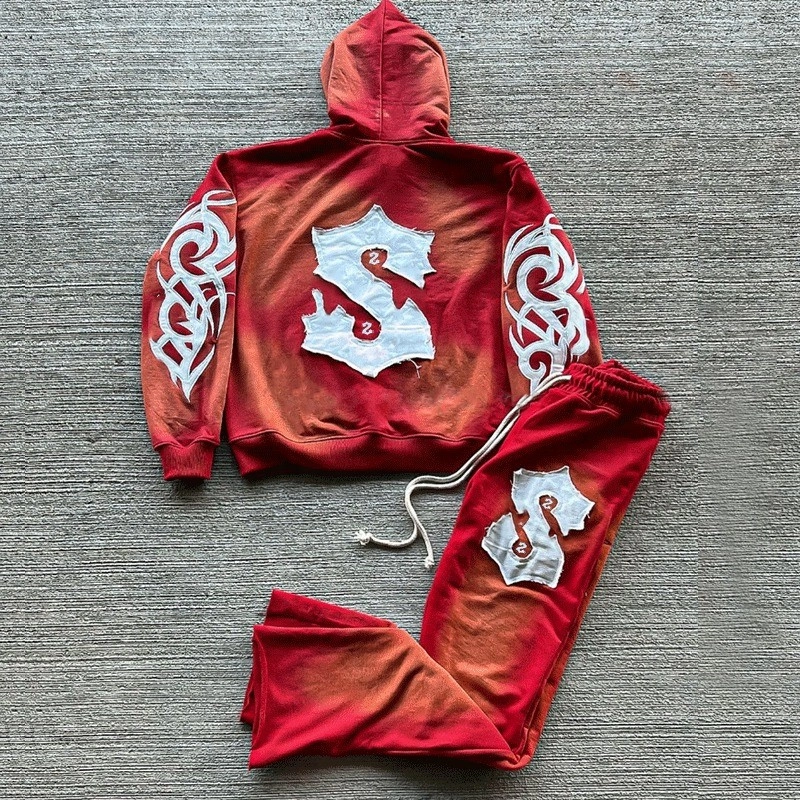 Customized Colorful Embroidery Logo 2 Piece Jogger Set Flared Sweatpant Distressed