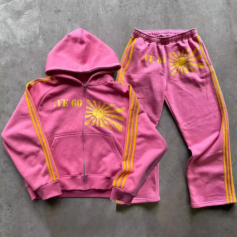 Custom Screen Printing Logo Stripes Tracksuit Vintage Acid Washed Zip Up Hoodie And Jogger Sweat Pant