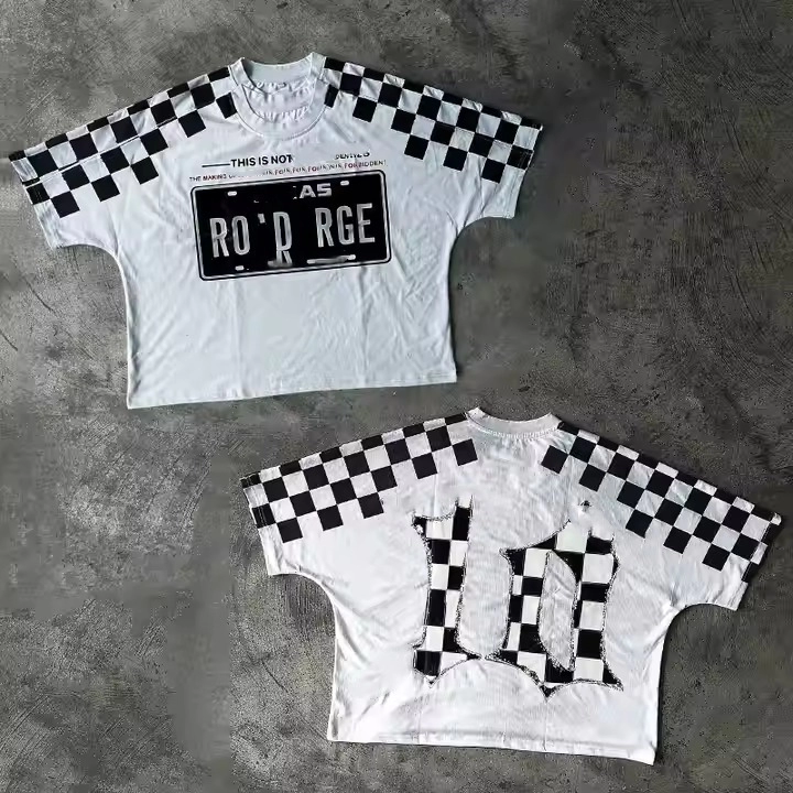 Plaid Vintage Double Layer Cotton Oversized Boxy High Quality Cropped Men T Shirt