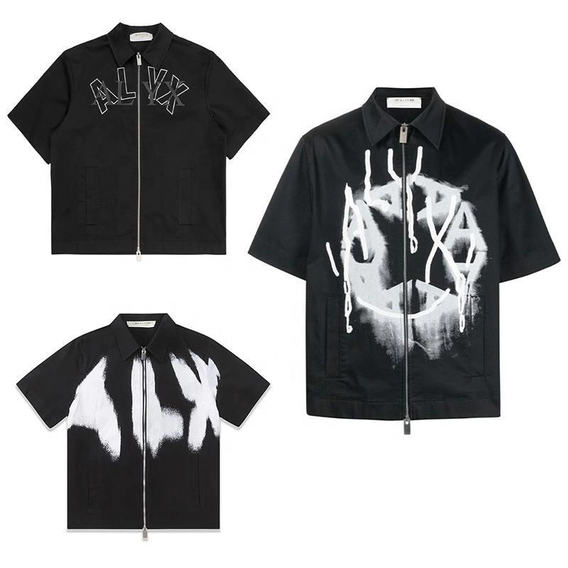 Casual Heavyweight Cotton Black Print Zip Up Shirt Hip Hop Style