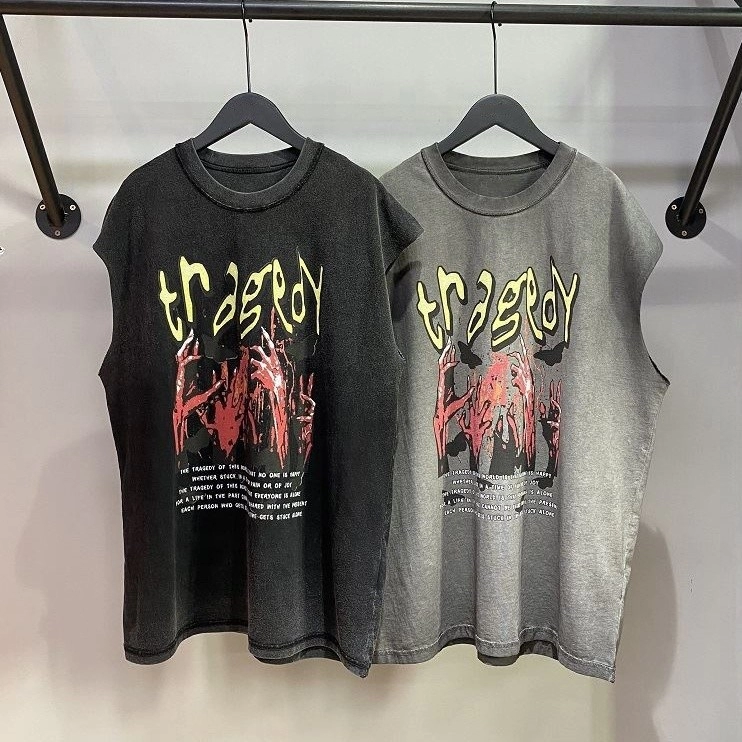 Customized Acid Wash Vintage Tank Tops With Oversized Design And DTG Print Logo