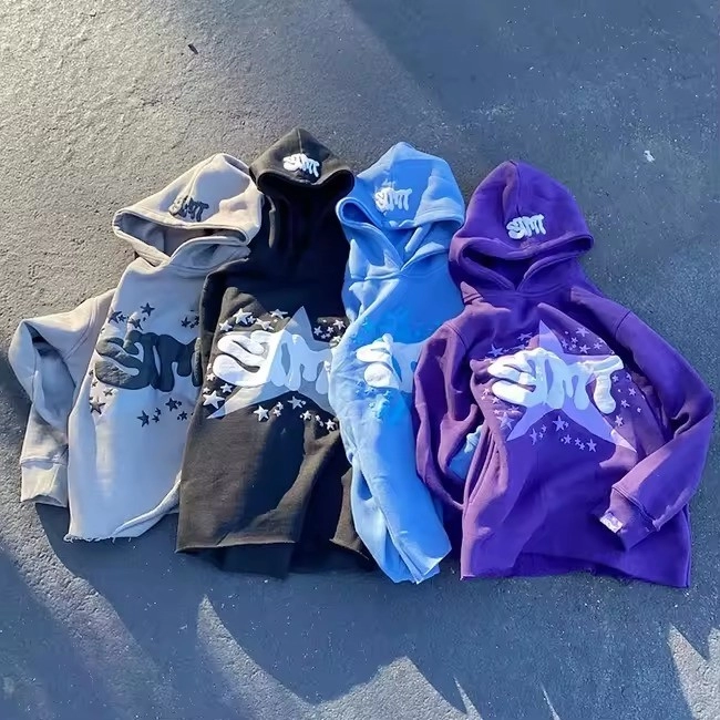 Puff Print Fleece Cotton Cropped Cut Edge Raw Hem Hoodie