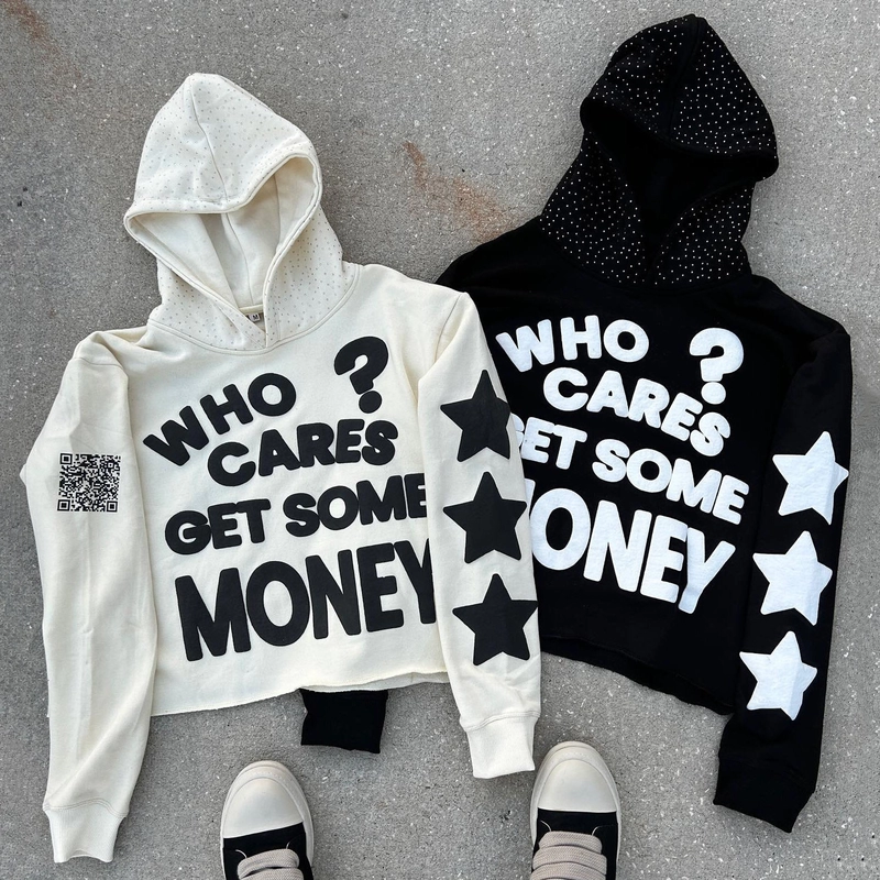 Rhinestone Black 3D Custom Puff Print Pullover Cotton Heavyweight Boxy Oversized Hoodie