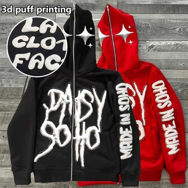 Puff Print Zip-Up Full Face Rhinestone 3D Puff Printing Streetwear Style Hoodie