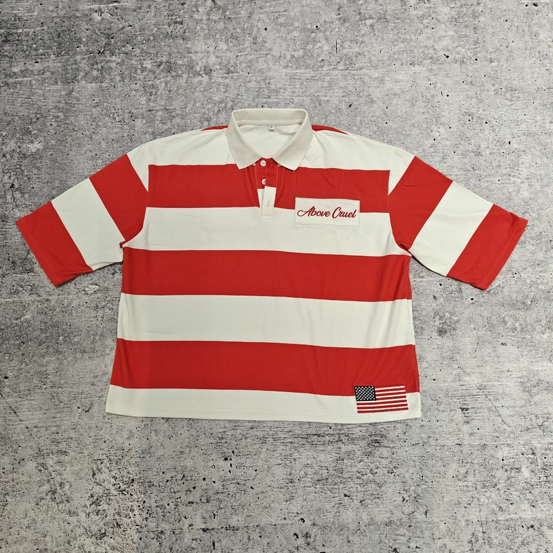 Rugby Retro Football Lapel Oversized Boxy Cropped Button Up Cotton Striped Polo Shirt