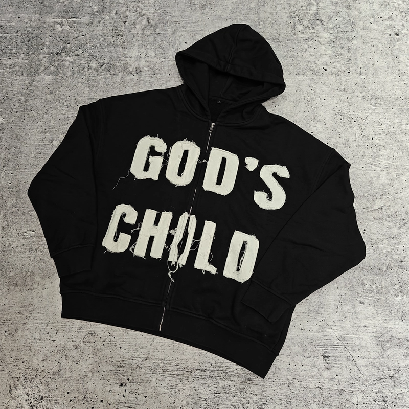 Sun-Faded Acid Washed Custom Distressed Embroidery Patchwork Zip-Up Heavyweight Rhinestone Hoodie