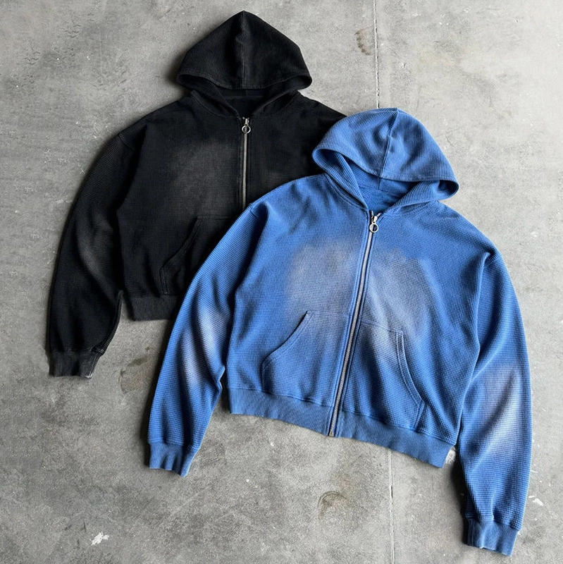 Heavyweight Blank Oversized Boxy Fit Zip Up Vintage Sun Faded Acid Wash Waffle Hoodie