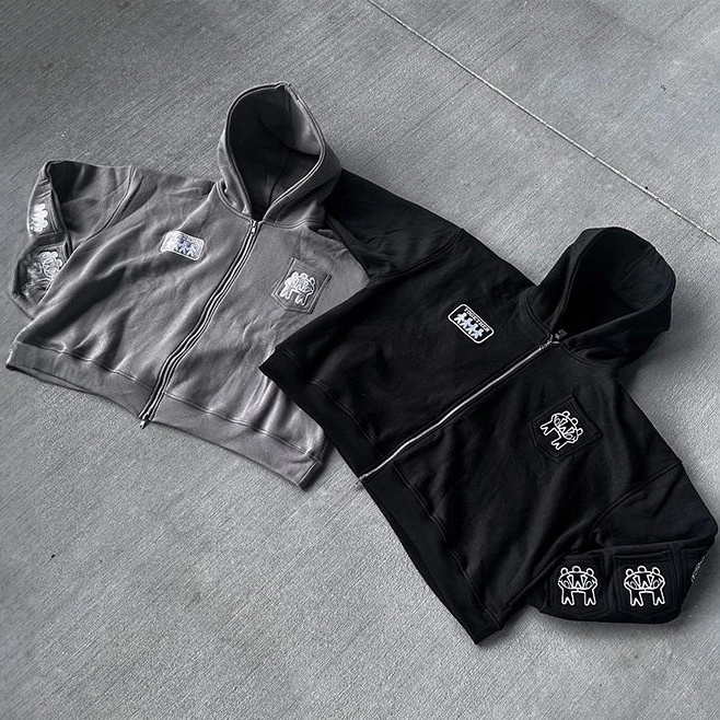 Custom Full Multi Pockets Zip Up Oversized Cropped Embroidery Print Heavyweight Hoodie