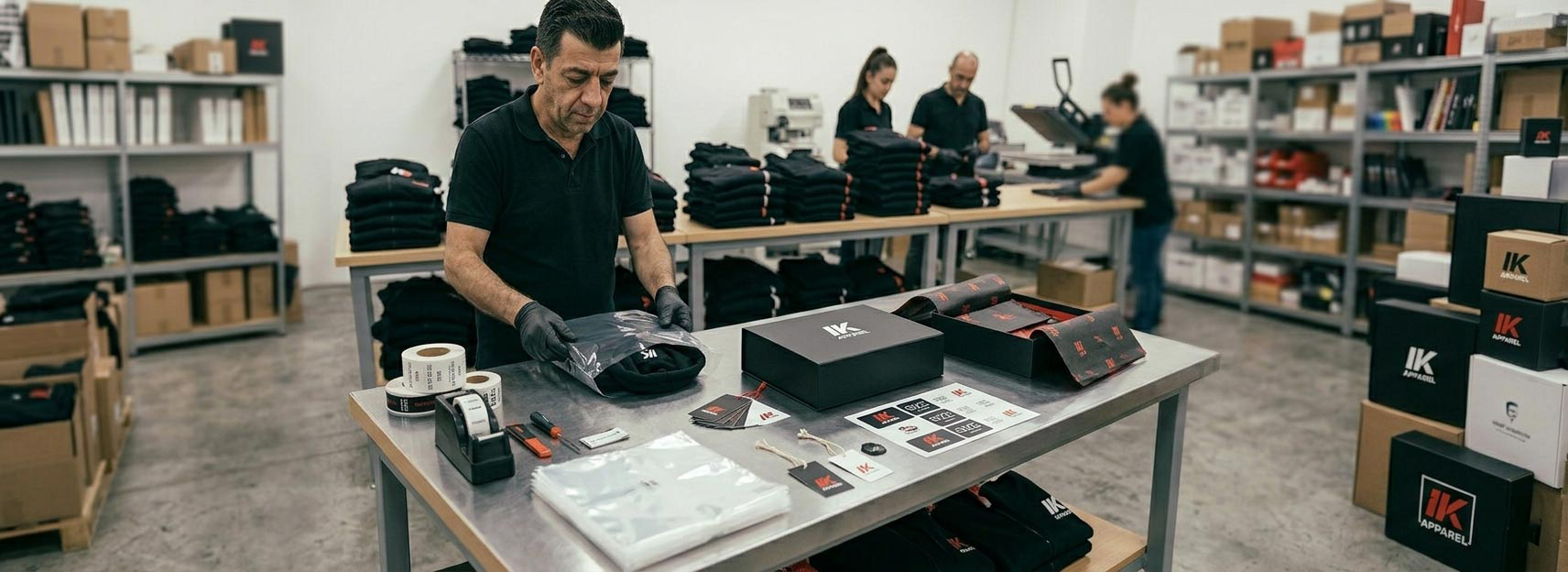 Custom packaging and retail finishing manufacturer for USA clothing brands, private label apparel packaging, hang tags, poly bags, barcode stickers, folding, labeling, and retail-ready clothing orders