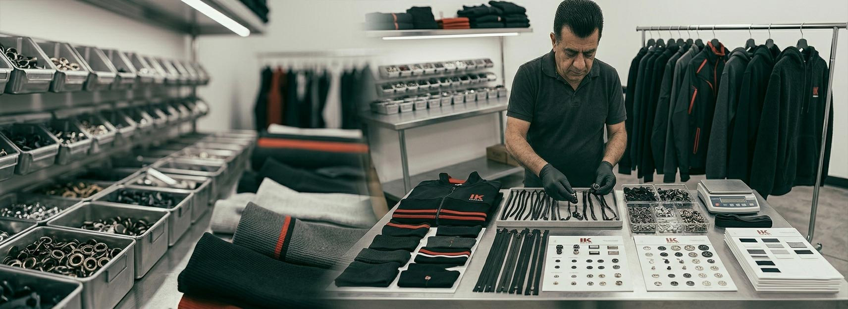 Custom trims and accessories manufacturer for USA apparel buyers, branded drawcords, custom zippers, buttons, eyelets, toggles, rib trims, garment hardware, labels, patches, and private label clothing